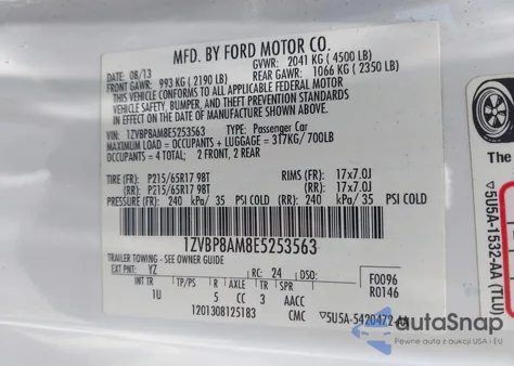 2014 Ford Mustang V6 z USA, uszkodzony, nr VIN 1ZVBP8AM8E5253563